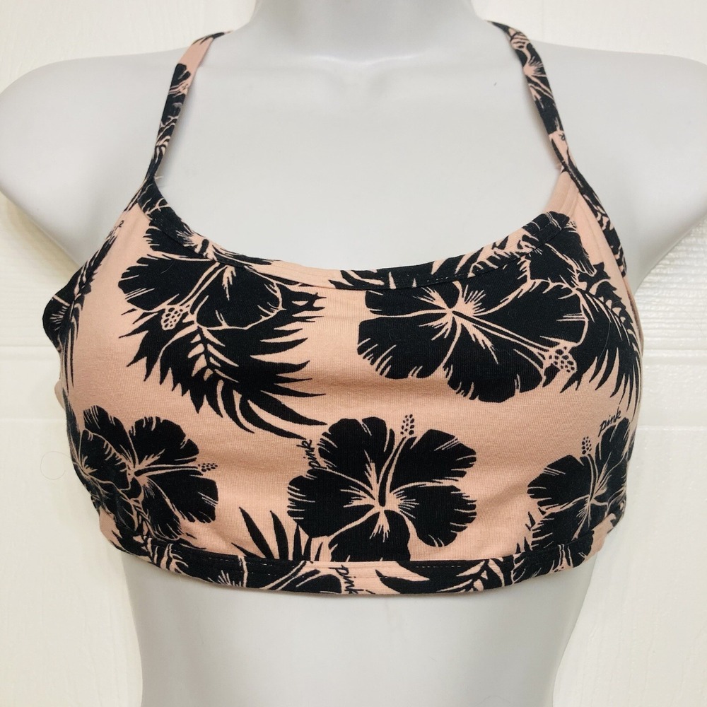 Victorias Secret‎ PINK Bralette Small Peach Black Hibiscus Floral Caged Strappy